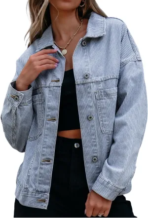 KevaMolly Womens Denim Jacket Long Sleeve Washed Oversize Pocketed Denim Jacket Pocket Casual Daily Coat