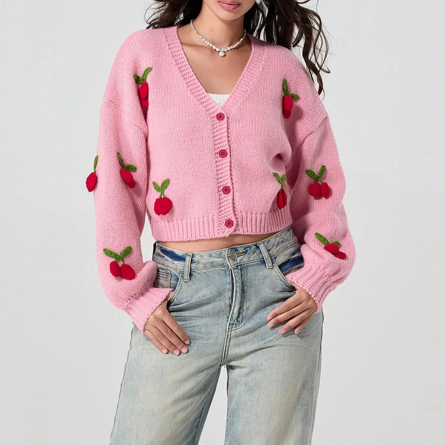 KMBANGI Women Button Down Sweater V Neck Cable Knit Crop Cardigan Cute Oversized Jumper Top Aesthetic Clothes