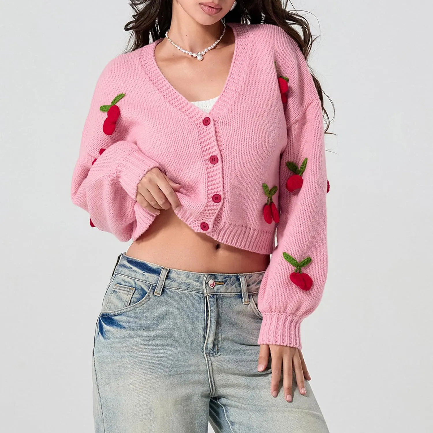KMBANGI Women Button Down Sweater V Neck Cable Knit Crop Cardigan Cute Oversized Jumper Top Aesthetic Clothes
