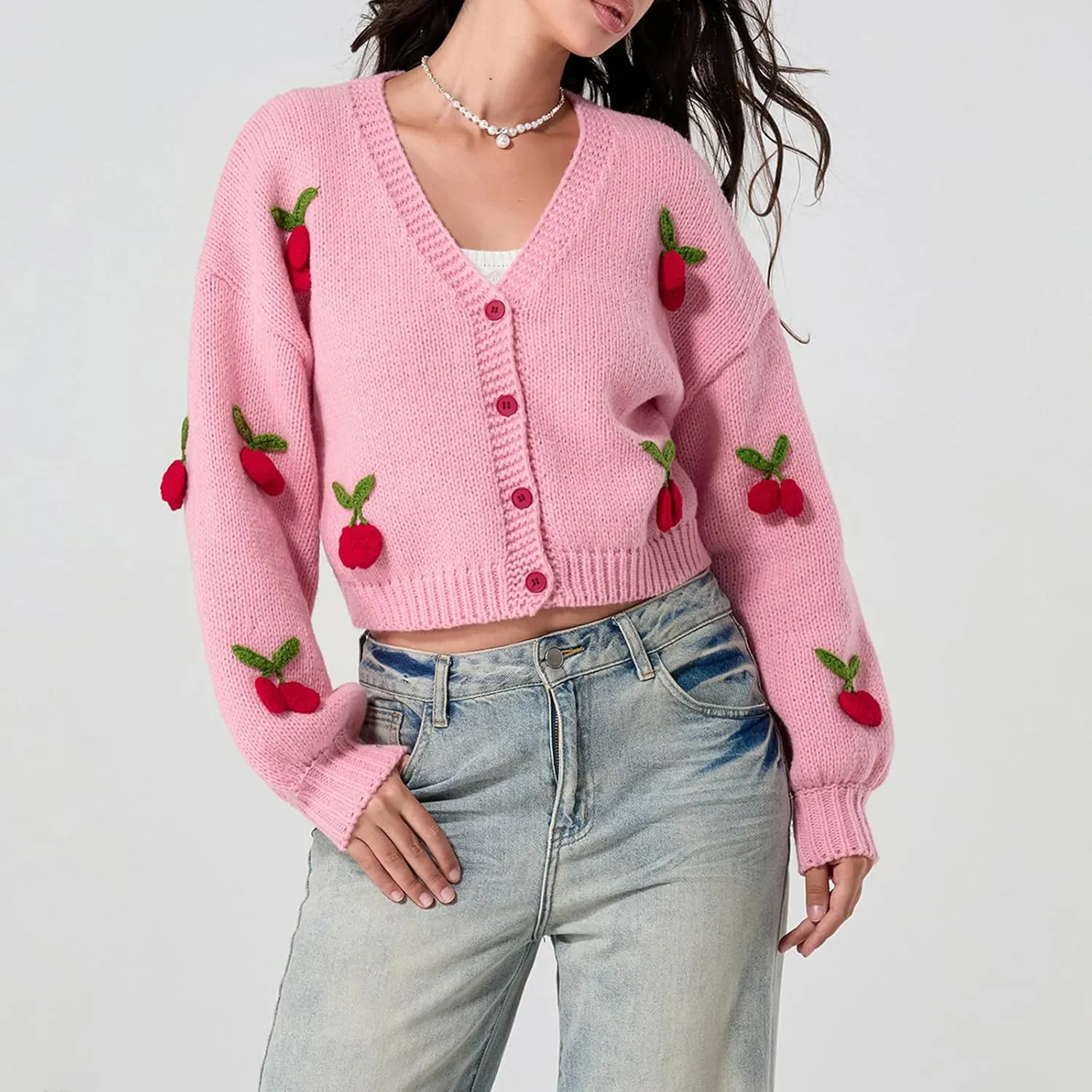 KMBANGI Women Button Down Sweater V Neck Cable Knit Crop Cardigan Cute Oversized Jumper Top Aesthetic Clothes