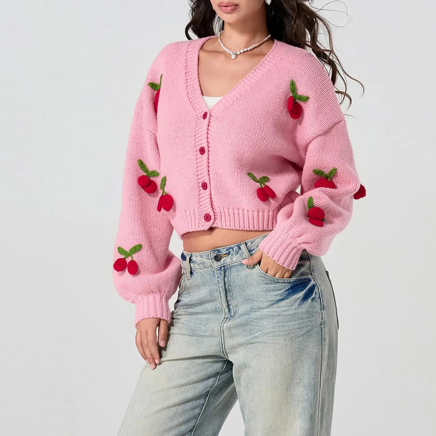 KMBANGI Women Button Down Sweater V Neck Cable Knit Crop Cardigan Cute Oversized Jumper Top Aesthetic Clothes
