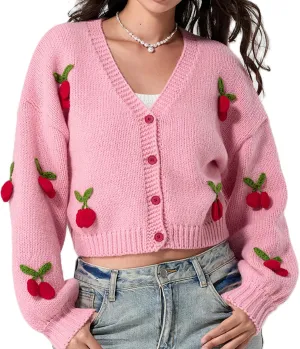 KMBANGI Women Button Down Sweater V Neck Cable Knit Crop Cardigan Cute Oversized Jumper Top Aesthetic Clothes