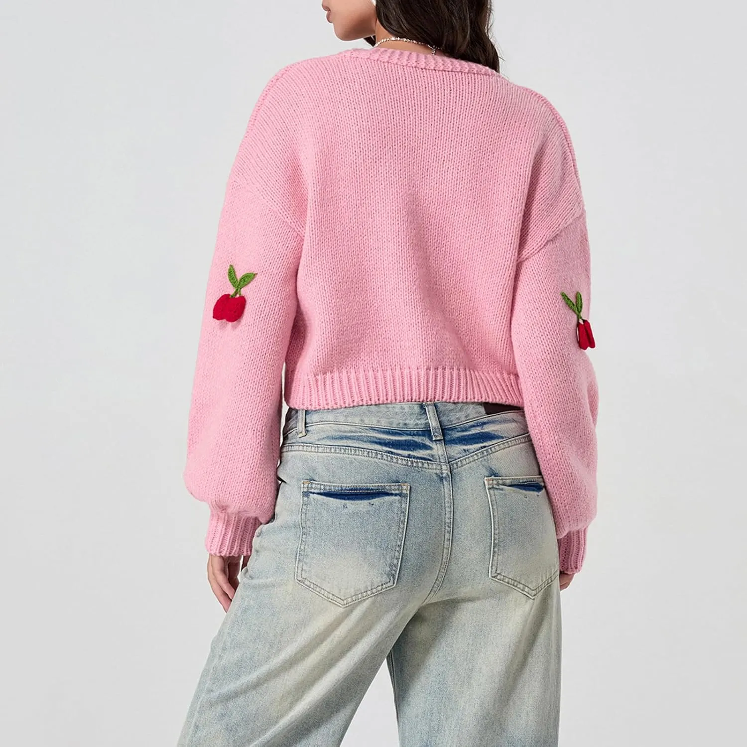 KMBANGI Women Button Down Sweater V Neck Cable Knit Crop Cardigan Cute Oversized Jumper Top Aesthetic Clothes