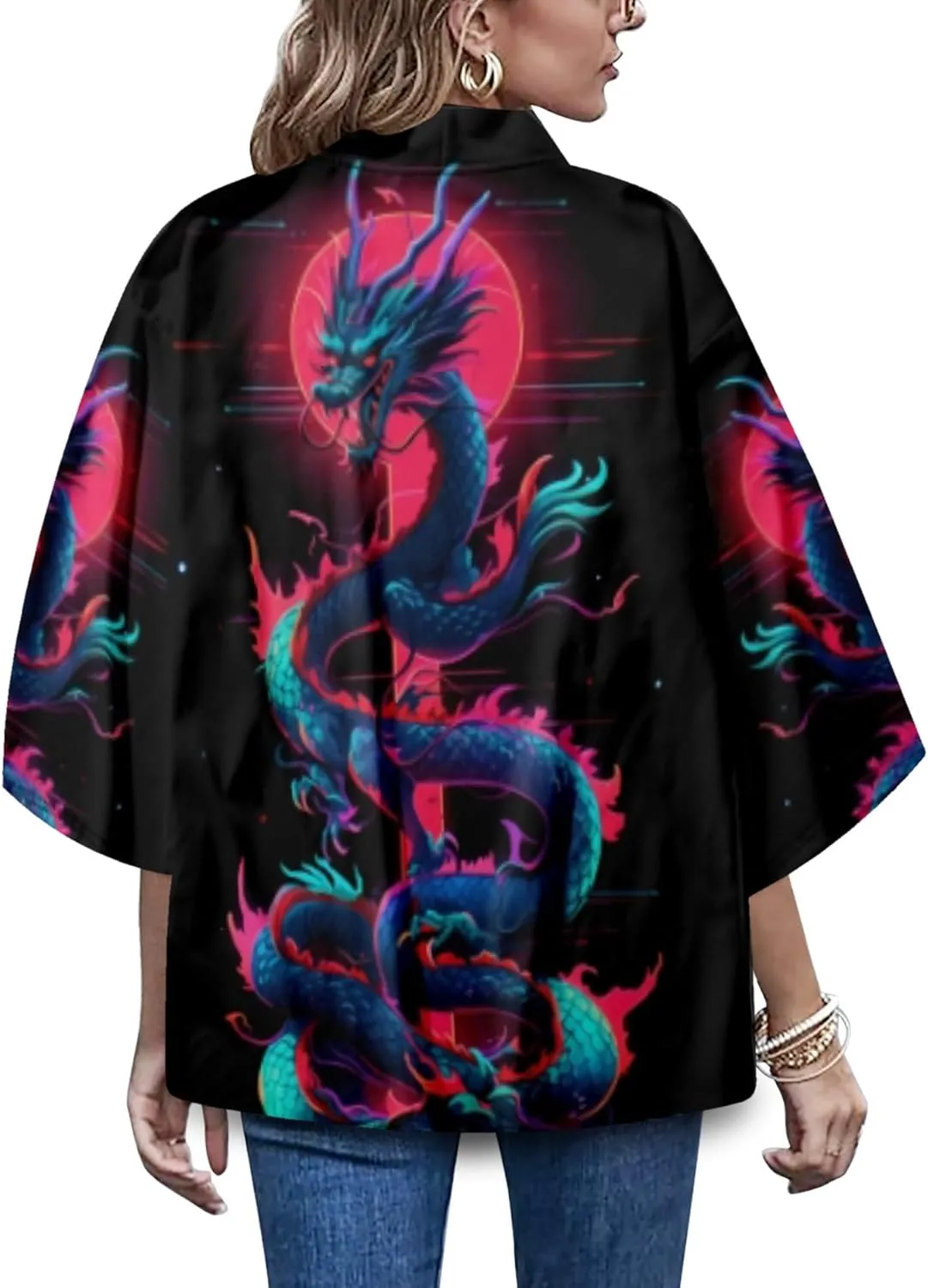 LAI MENG FIVE CATS Women's Summer Cardigan Lightweight Kimono Floral Print Loose Cover up Casual Tops