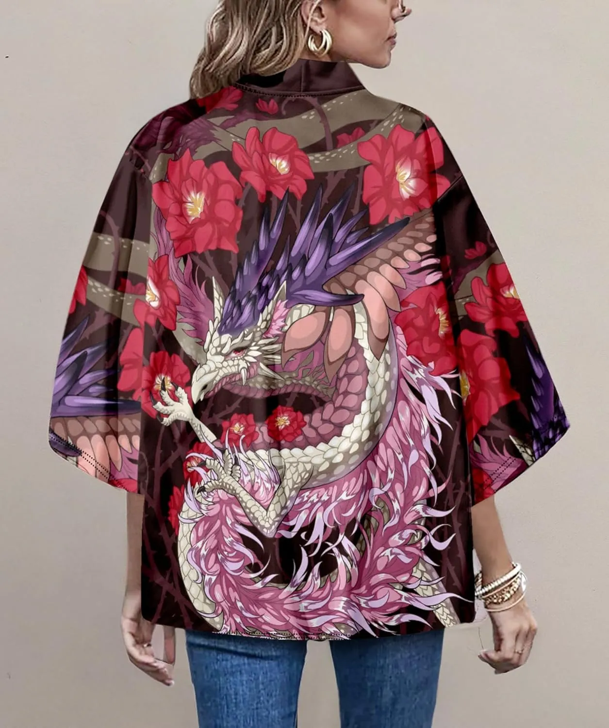 LAI MENG FIVE CATS Women's Summer Cardigan Lightweight Kimono Floral Print Loose Cover up Casual Tops