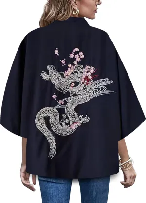 LAI MENG FIVE CATS Women's Summer Cardigan Lightweight Kimono Floral Print Loose Cover up Casual Tops