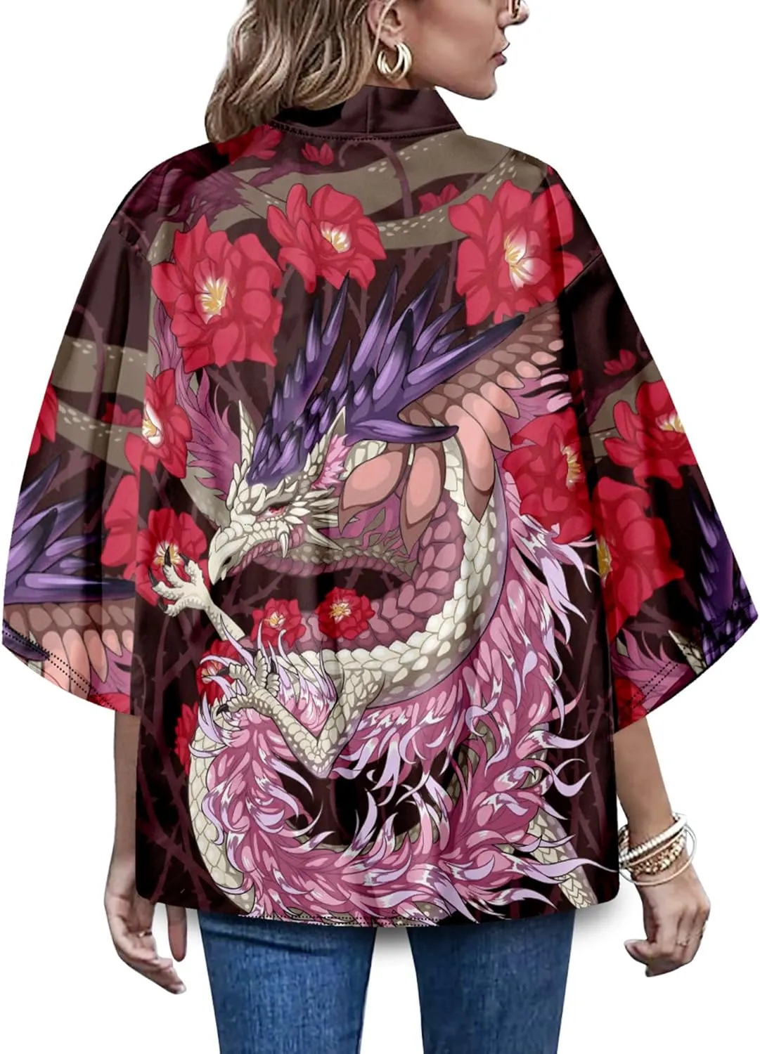 LAI MENG FIVE CATS Women's Summer Cardigan Lightweight Kimono Floral Print Loose Cover up Casual Tops
