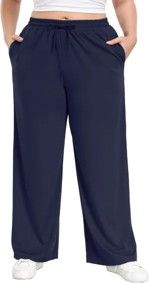 Lastshe Women's Plus Size Casual Pants Elastic Waist Wide Leg Loose Fit Pajama Drawstring Home Pants with Pockets
