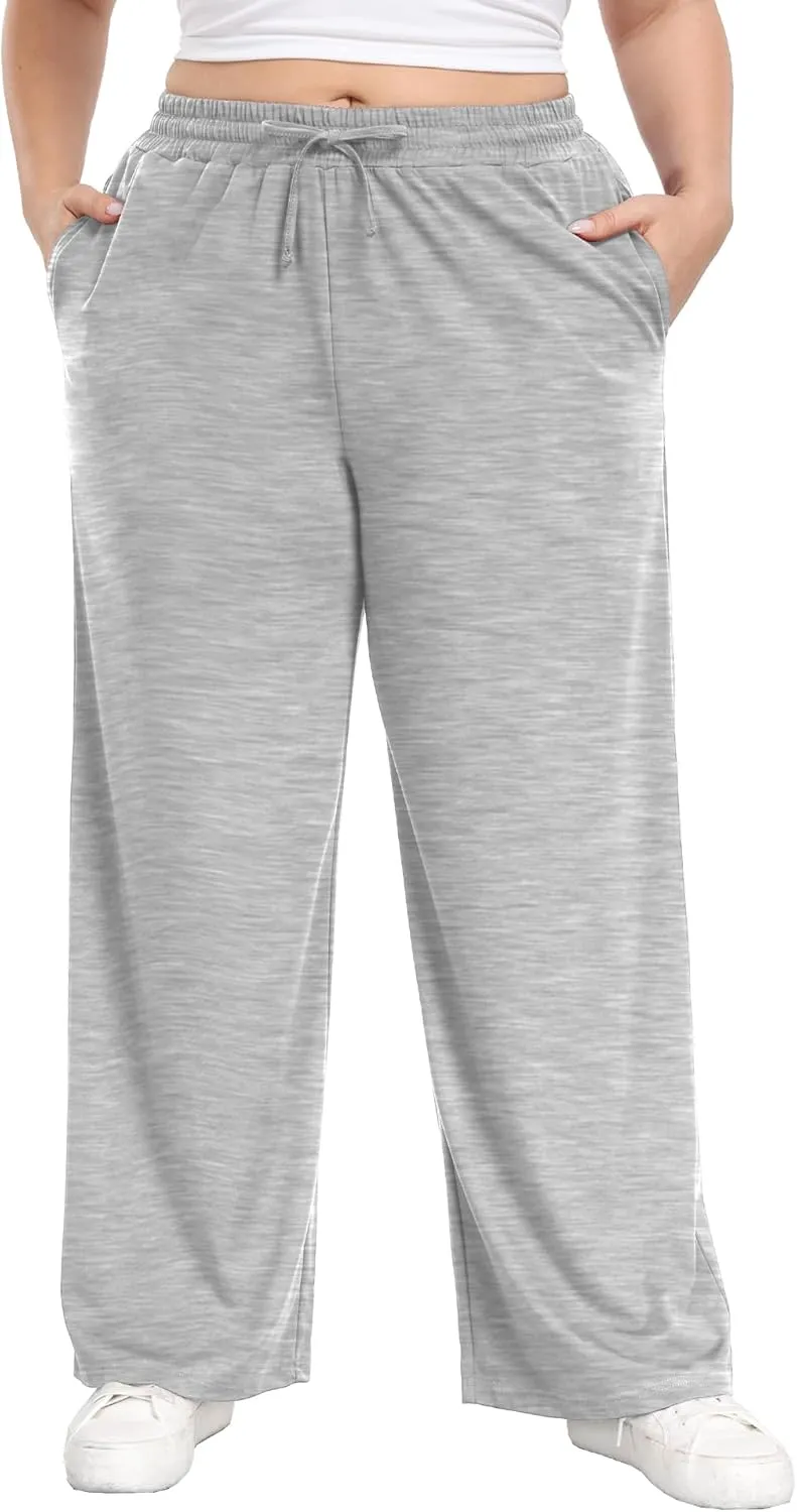 Lastshe Women's Plus Size Casual Pants Elastic Waist Wide Leg Loose Fit Pajama Drawstring Home Pants with Pockets
