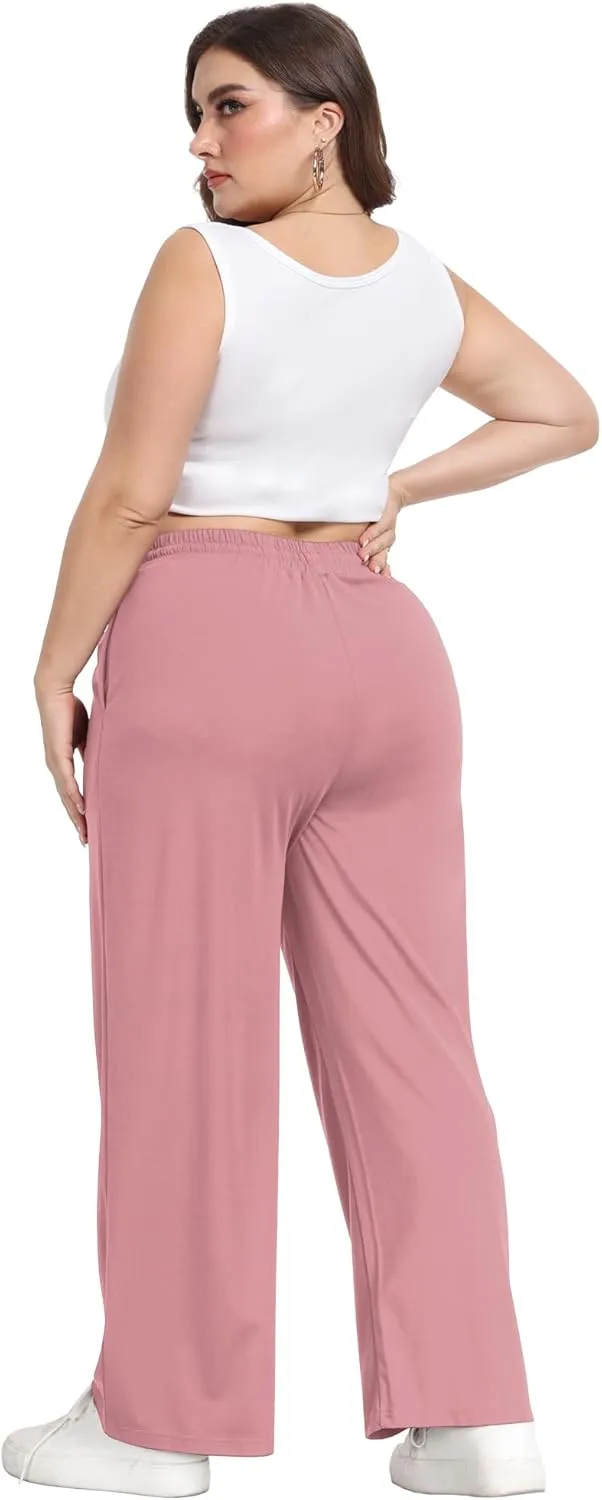Lastshe Women's Plus Size Casual Pants Elastic Waist Wide Leg Loose Fit Pajama Drawstring Home Pants with Pockets