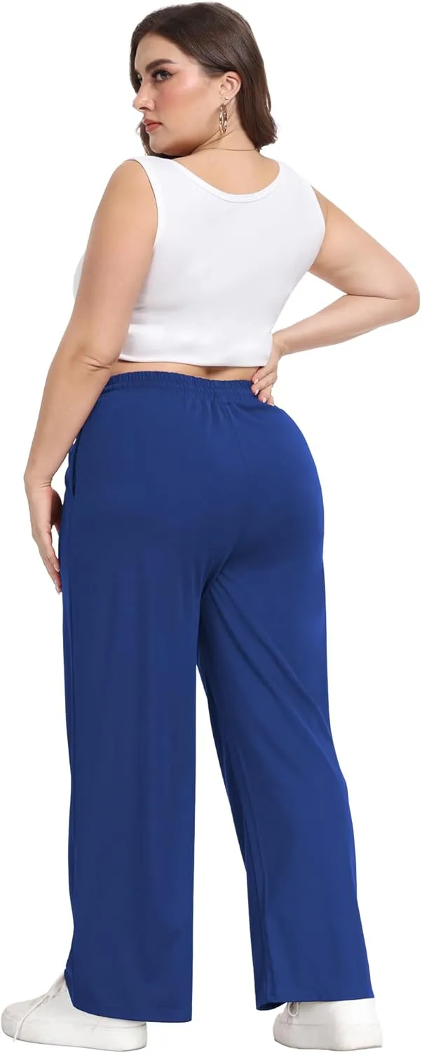 Lastshe Women's Plus Size Casual Pants Elastic Waist Wide Leg Loose Fit Pajama Drawstring Home Pants with Pockets