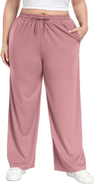 Lastshe Women's Plus Size Casual Pants Elastic Waist Wide Leg Loose Fit Pajama Drawstring Home Pants with Pockets
