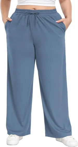 Lastshe Women's Plus Size Casual Pants Elastic Waist Wide Leg Loose Fit Pajama Drawstring Home Pants with Pockets
