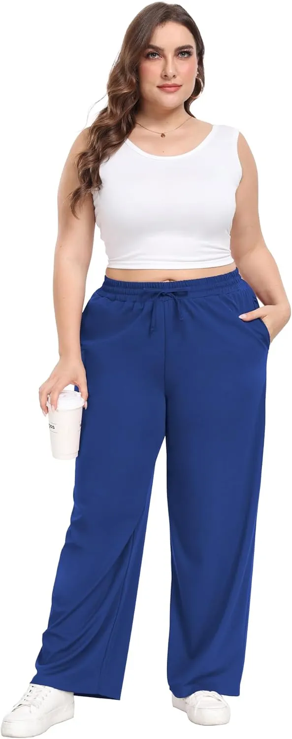 Lastshe Women's Plus Size Casual Pants Elastic Waist Wide Leg Loose Fit Pajama Drawstring Home Pants with Pockets