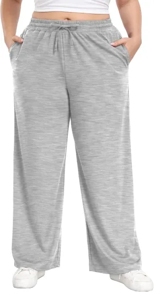 Lastshe Women's Plus Size Casual Pants Elastic Waist Wide Leg Loose Fit Pajama Drawstring Home Pants with Pockets