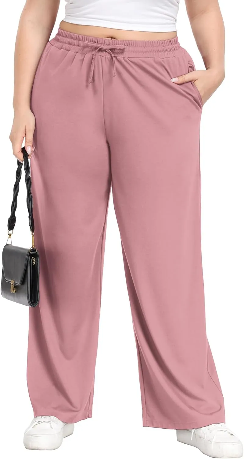 Lastshe Women's Plus Size Casual Pants Elastic Waist Wide Leg Loose Fit Pajama Drawstring Home Pants with Pockets