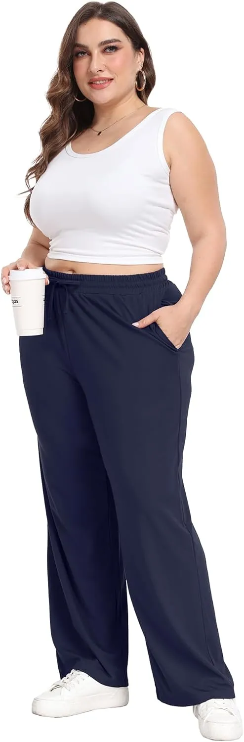 Lastshe Women's Plus Size Casual Pants Elastic Waist Wide Leg Loose Fit Pajama Drawstring Home Pants with Pockets