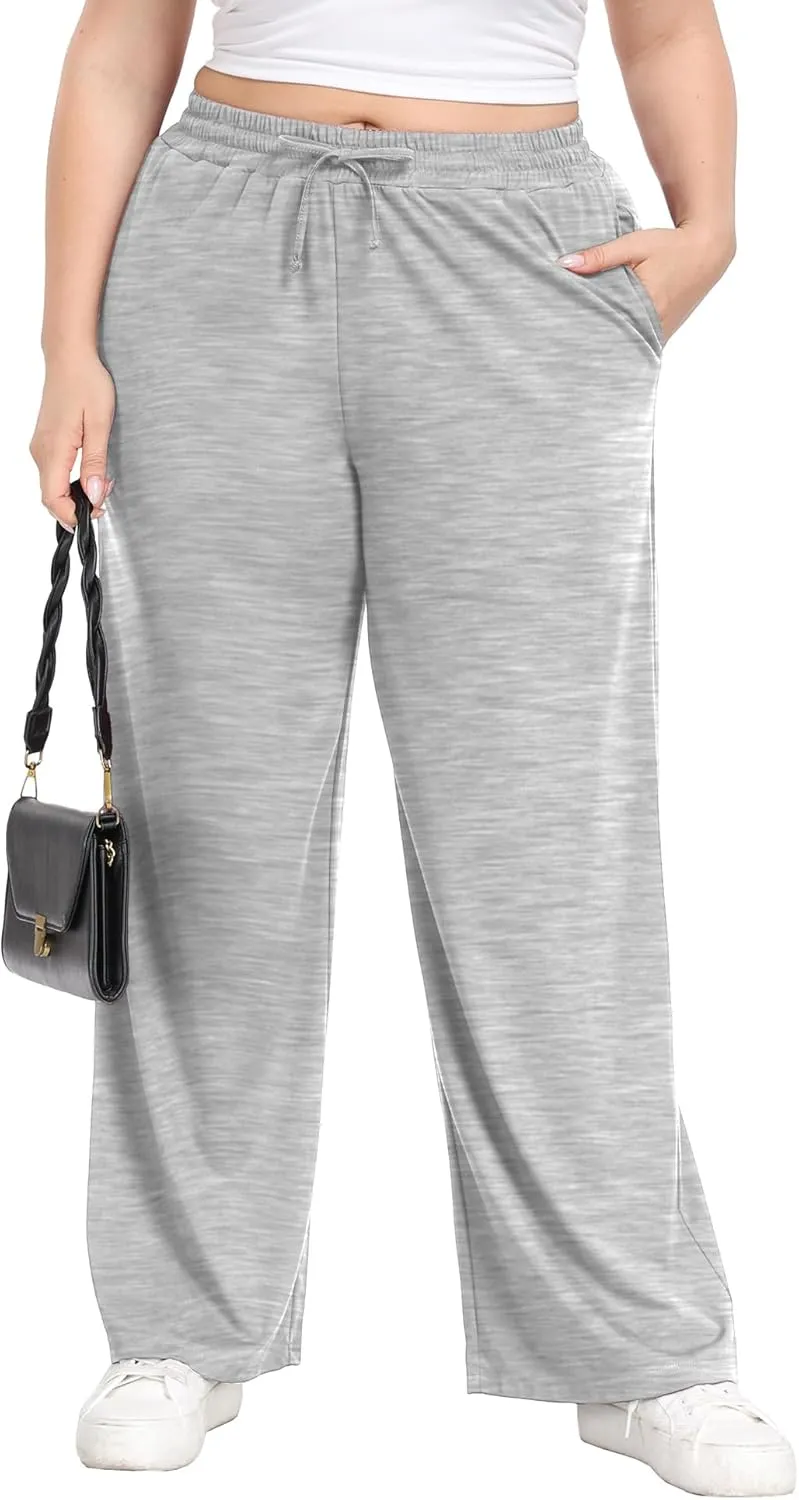 Lastshe Women's Plus Size Casual Pants Elastic Waist Wide Leg Loose Fit Pajama Drawstring Home Pants with Pockets