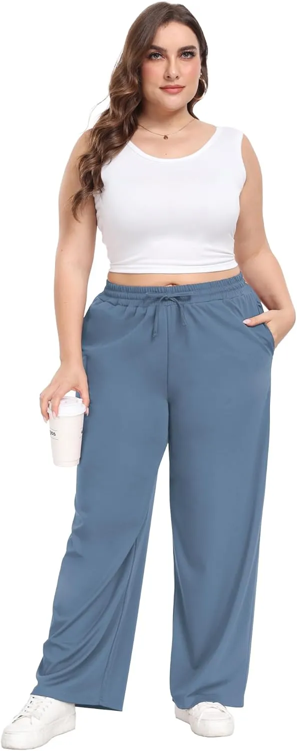 Lastshe Women's Plus Size Casual Pants Elastic Waist Wide Leg Loose Fit Pajama Drawstring Home Pants with Pockets