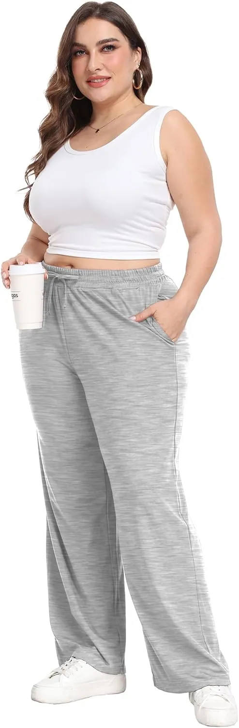 Lastshe Women's Plus Size Casual Pants Elastic Waist Wide Leg Loose Fit Pajama Drawstring Home Pants with Pockets