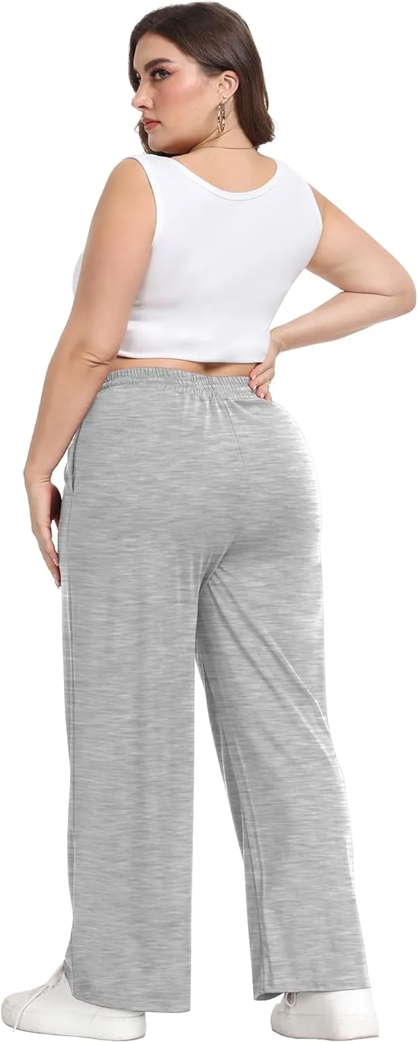 Lastshe Women's Plus Size Casual Pants Elastic Waist Wide Leg Loose Fit Pajama Drawstring Home Pants with Pockets