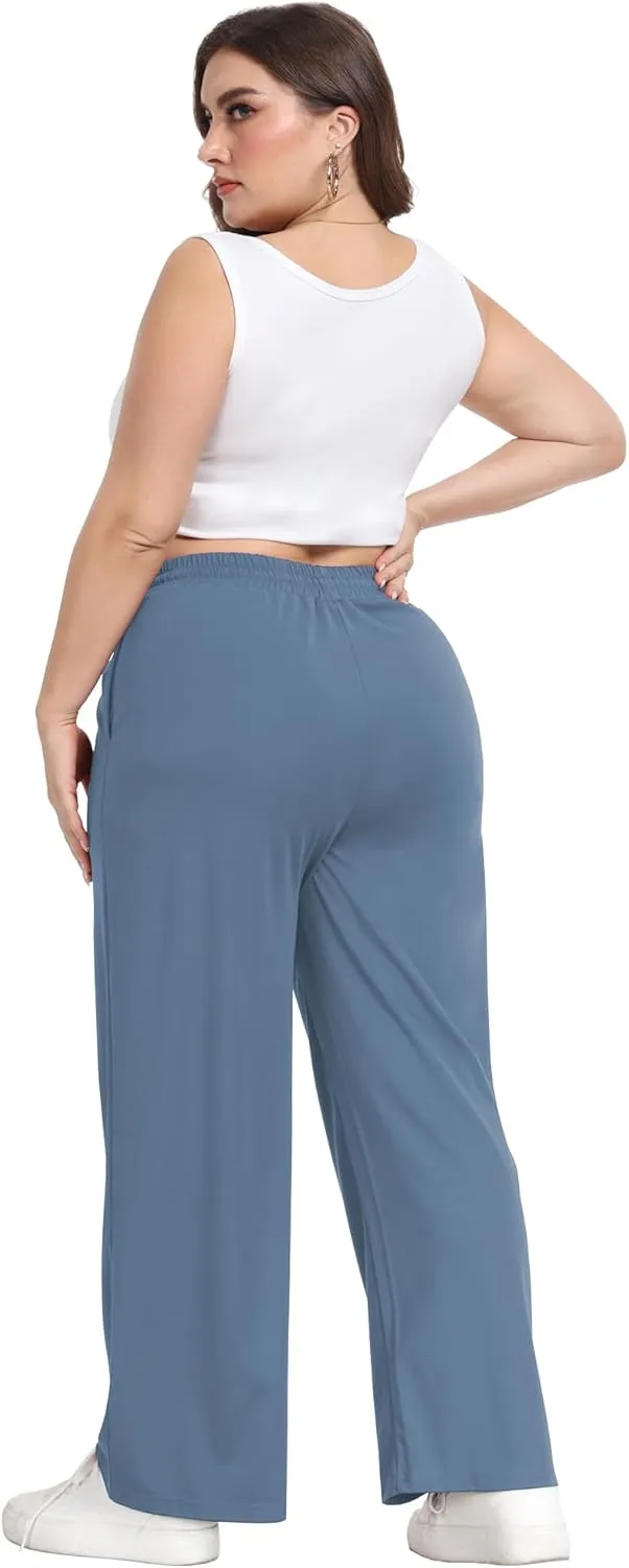 Lastshe Women's Plus Size Casual Pants Elastic Waist Wide Leg Loose Fit Pajama Drawstring Home Pants with Pockets