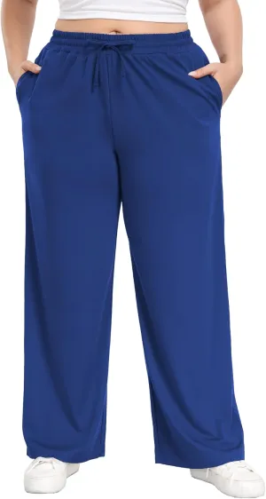 Lastshe Women's Plus Size Casual Pants Elastic Waist Wide Leg Loose Fit Pajama Drawstring Home Pants with Pockets
