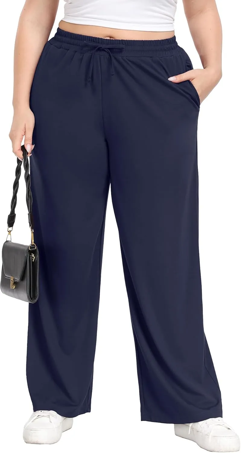 Lastshe Women's Plus Size Casual Pants Elastic Waist Wide Leg Loose Fit Pajama Drawstring Home Pants with Pockets