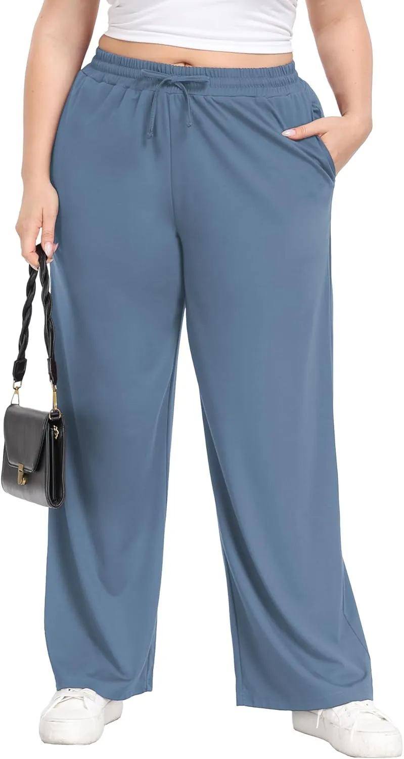 Lastshe Women's Plus Size Casual Pants Elastic Waist Wide Leg Loose Fit Pajama Drawstring Home Pants with Pockets