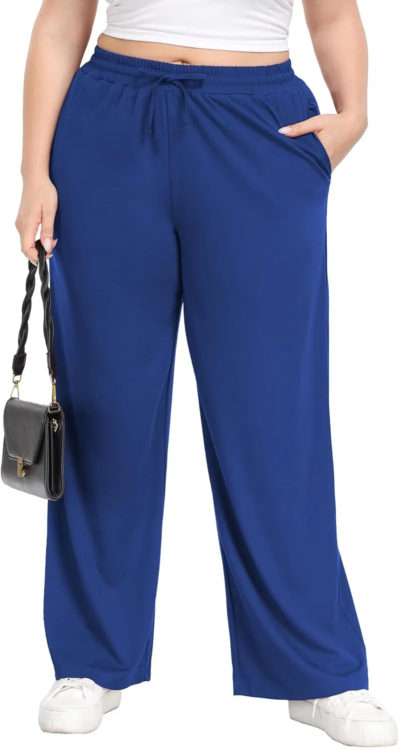 Lastshe Women's Plus Size Casual Pants Elastic Waist Wide Leg Loose Fit Pajama Drawstring Home Pants with Pockets