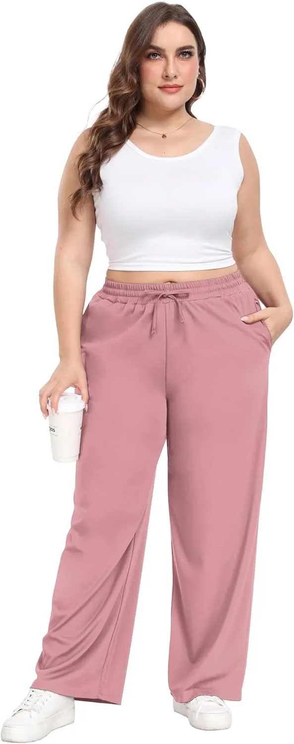 Lastshe Women's Plus Size Casual Pants Elastic Waist Wide Leg Loose Fit Pajama Drawstring Home Pants with Pockets