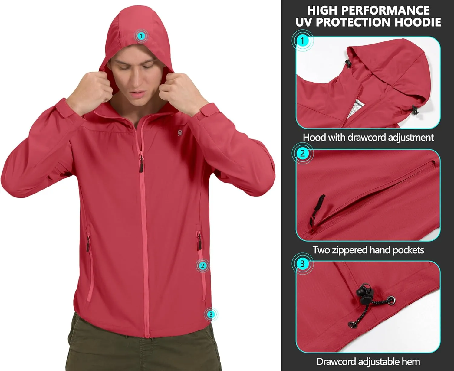 Little Donkey Andy Men's UPF 50  Sun Protection Jackets Stretch Breathable Hoodie Summer Shirts for Hiking