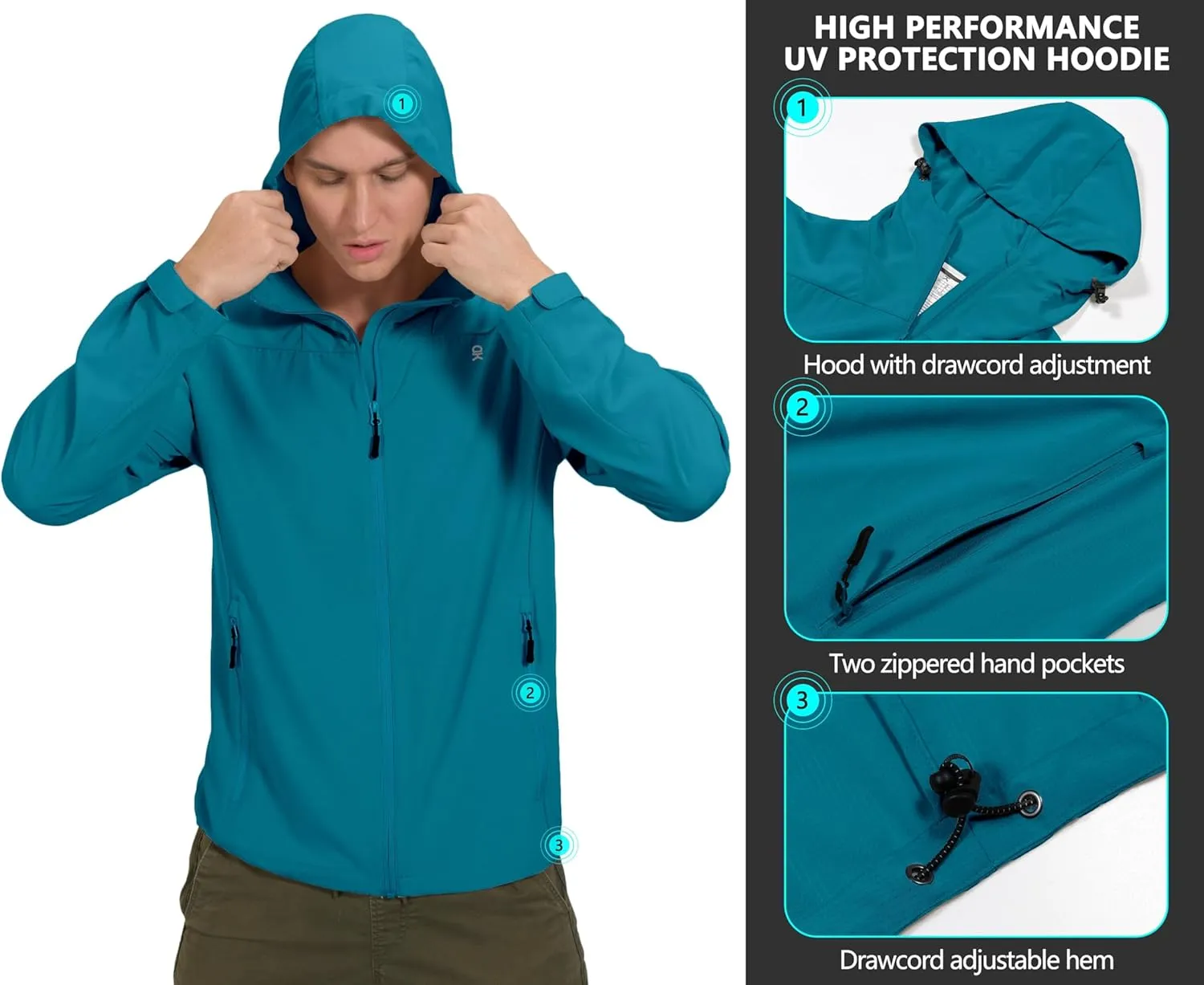 Little Donkey Andy Men's UPF 50  Sun Protection Jackets Stretch Breathable Hoodie Summer Shirts for Hiking