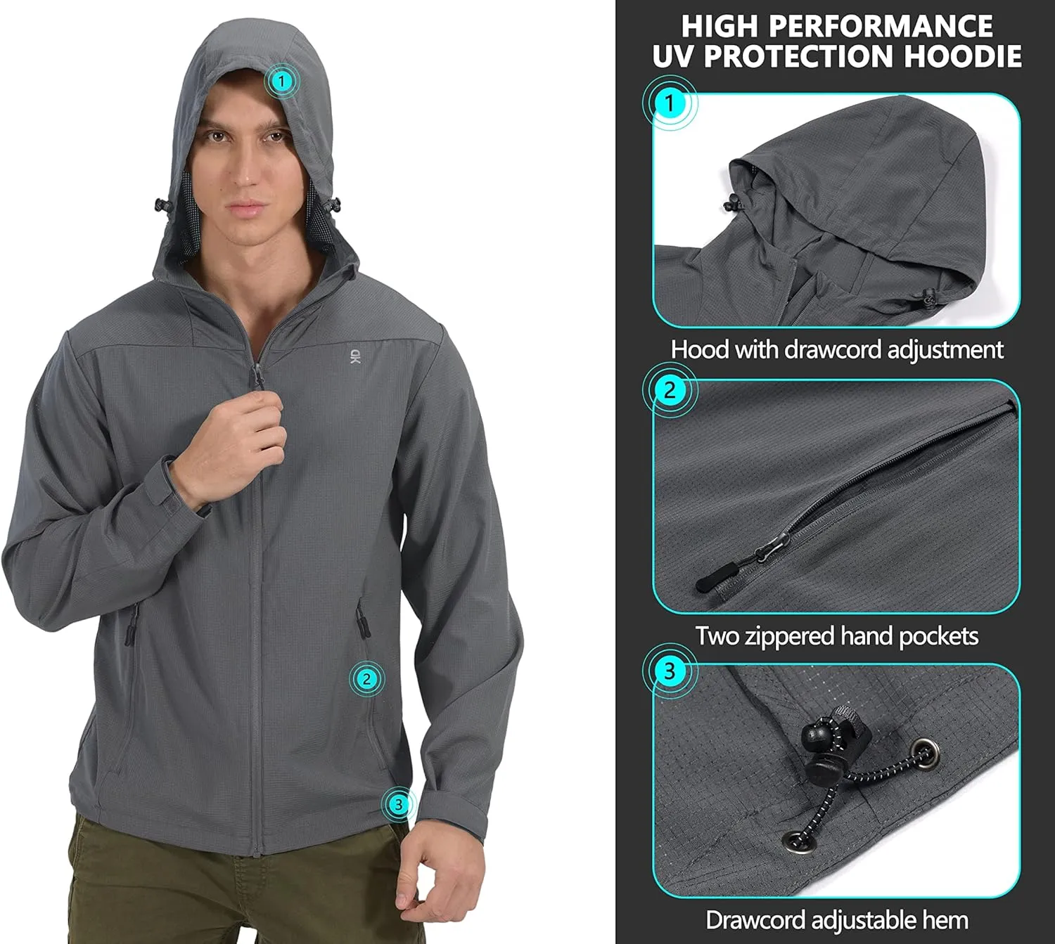 Little Donkey Andy Men's UPF 50  Sun Protection Jackets Stretch Breathable Hoodie Summer Shirts for Hiking