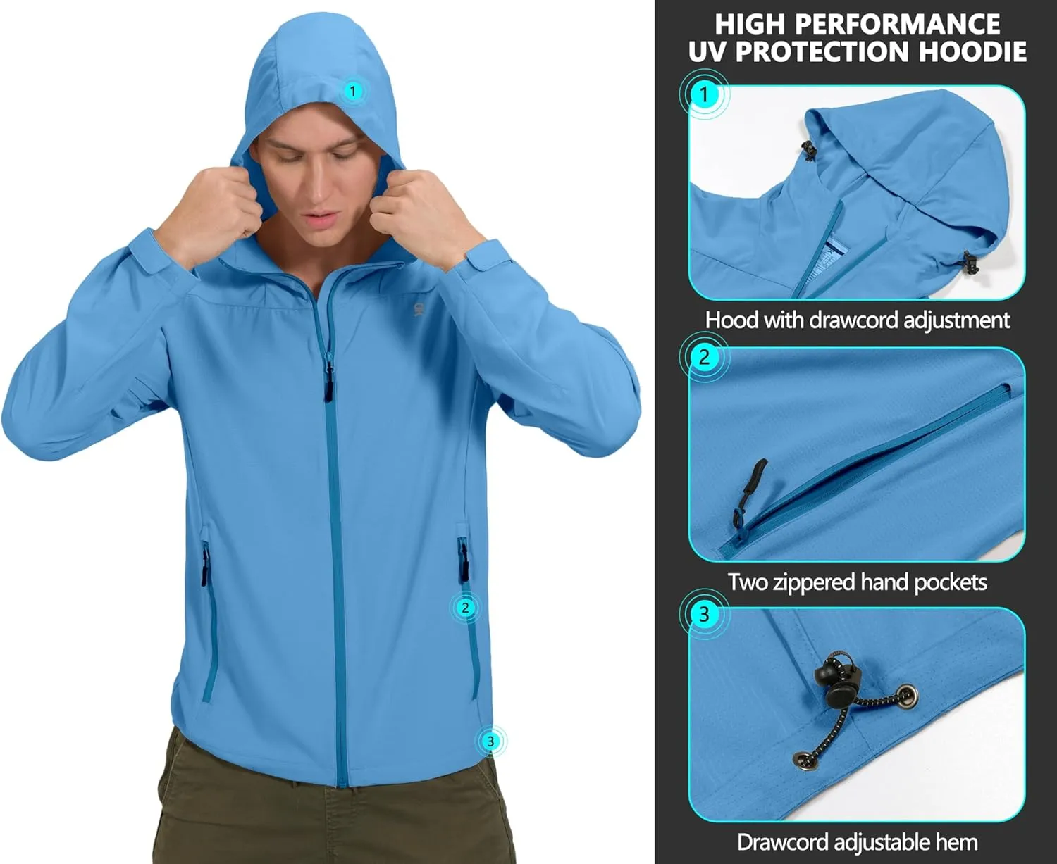 Little Donkey Andy Men's UPF 50  Sun Protection Jackets Stretch Breathable Hoodie Summer Shirts for Hiking