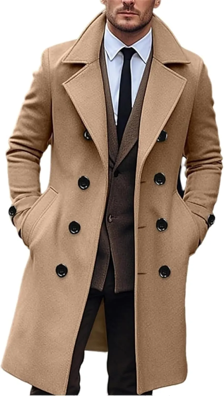 Maiyifu-GJ Men's Notch Lapel Double Breasted Long Trench Coat Casual Cotton Blend Peacoat Outdoor Windbreaker