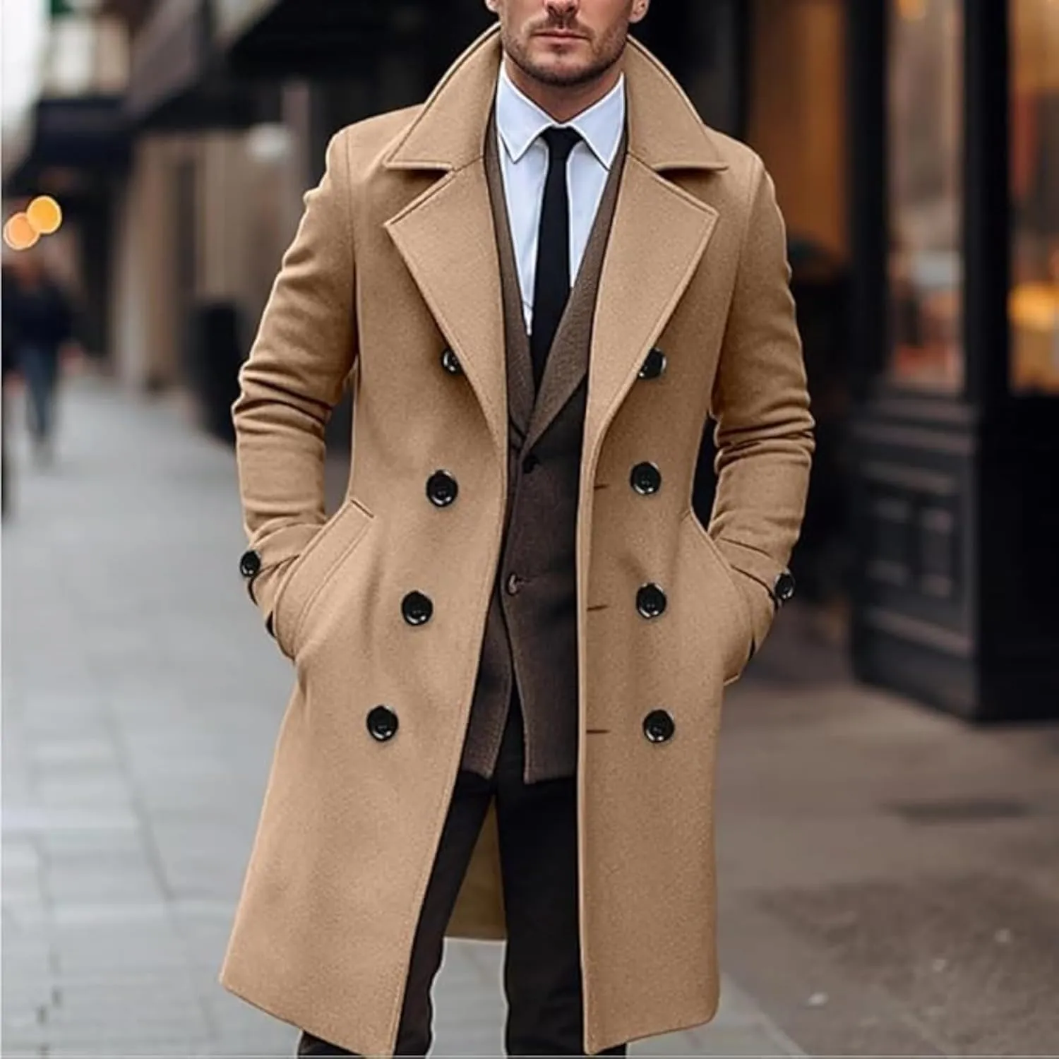 Maiyifu-GJ Men's Notch Lapel Double Breasted Long Trench Coat Casual Cotton Blend Peacoat Outdoor Windbreaker