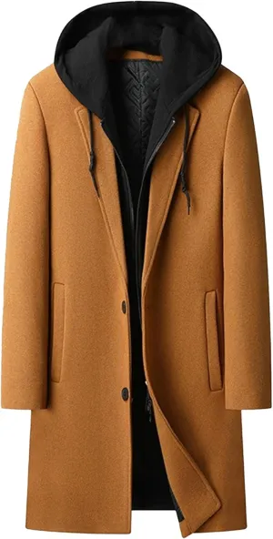 Maiyifu-GJ Men's Removable Hooded Wool Blend Overcoat Winter Single Breasted Trench Coats Casual Warm Classic Pea Jacket