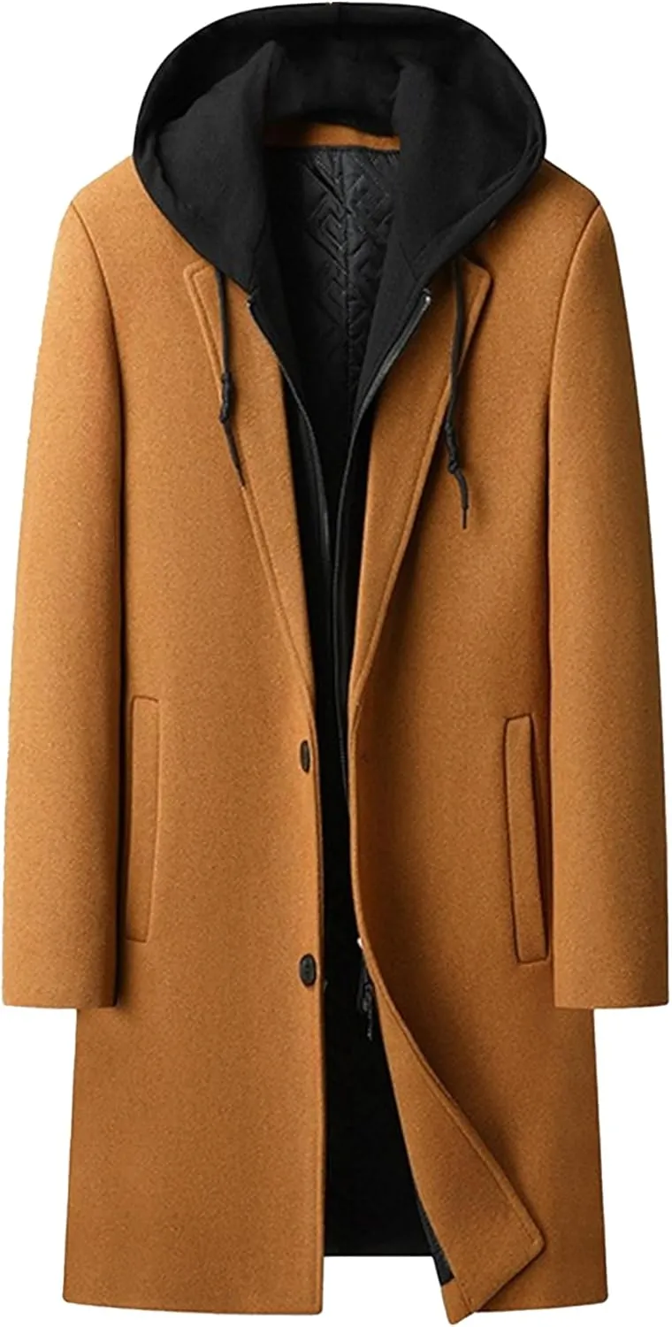Maiyifu-GJ Men's Removable Hooded Wool Blend Overcoat Winter Single Breasted Trench Coats Casual Warm Classic Pea Jacket