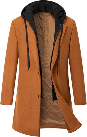 Maiyifu-GJ Men's Removable Hooded Wool Blend Overcoat Winter Single Breasted Trench Coats Casual Warm Classic Pea Jacket
