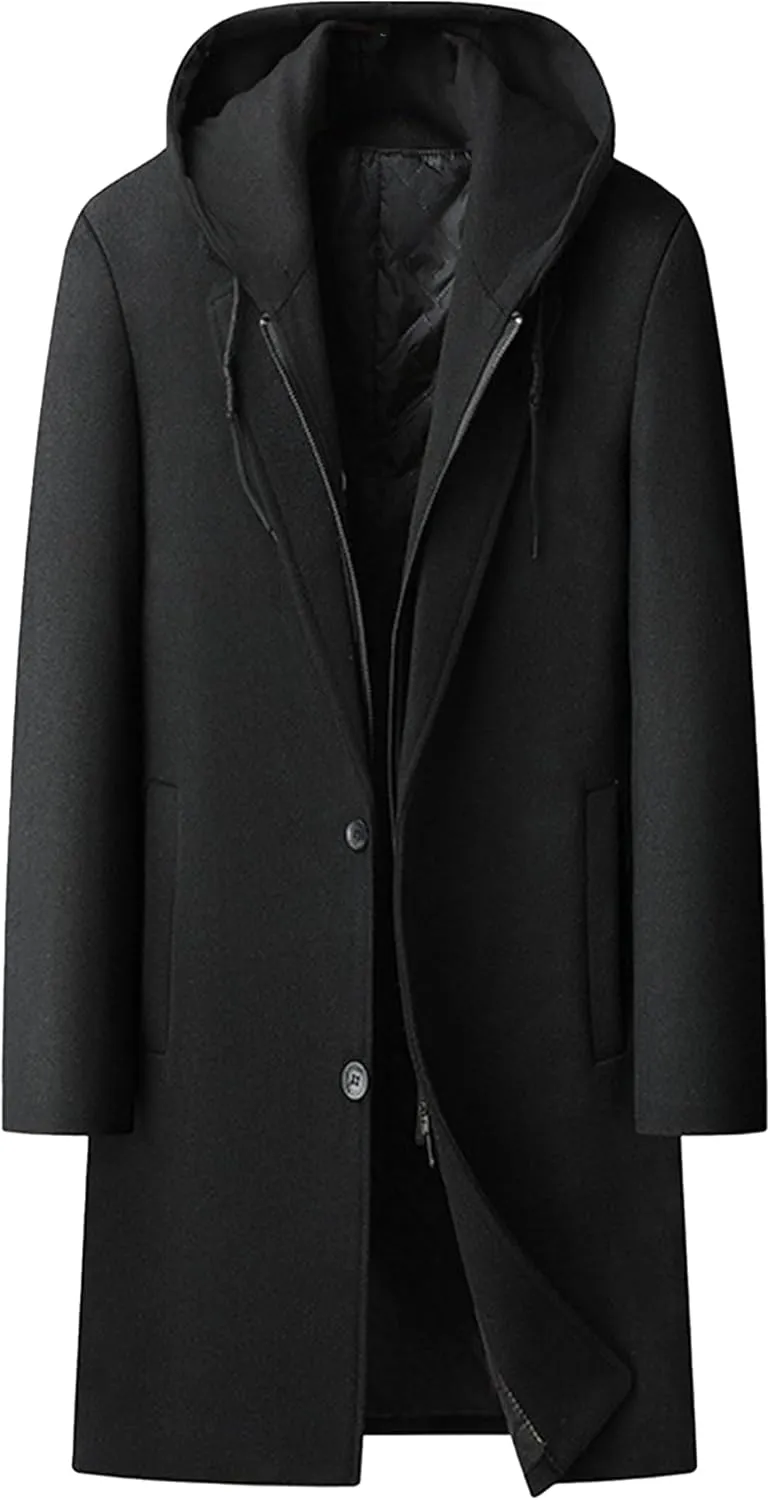 Maiyifu-GJ Men's Removable Hooded Wool Blend Overcoat Winter Single Breasted Trench Coats Casual Warm Classic Pea Jacket