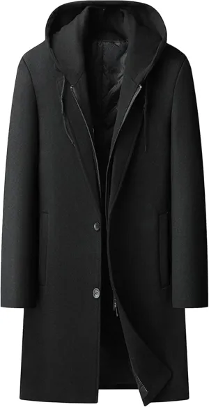 Maiyifu-GJ Men's Removable Hooded Wool Blend Overcoat Winter Single Breasted Trench Coats Casual Warm Classic Pea Jacket