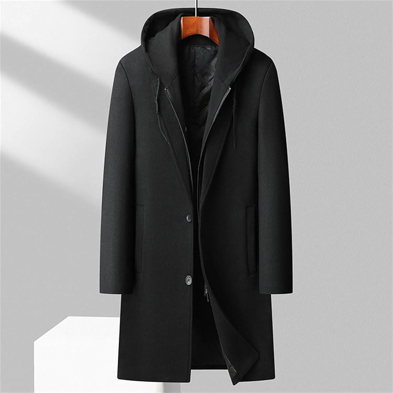 Maiyifu-GJ Men's Removable Hooded Wool Blend Overcoat Winter Single Breasted Trench Coats Casual Warm Classic Pea Jacket