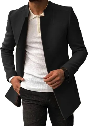 Maiyifu-GJ Men's Stand Collar Wool Blend Pea Coat Single Breasted Mid-Long Trench Coat Casual Warm Slim Fit Wool Coat