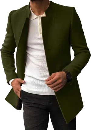 Maiyifu-GJ Men's Stand Collar Wool Blend Pea Coat Single Breasted Mid-Long Trench Coat Casual Warm Slim Fit Wool Coat