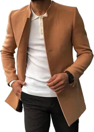 Maiyifu-GJ Men's Stand Collar Wool Blend Pea Coat Single Breasted Mid-Long Trench Coat Casual Warm Slim Fit Wool Coat