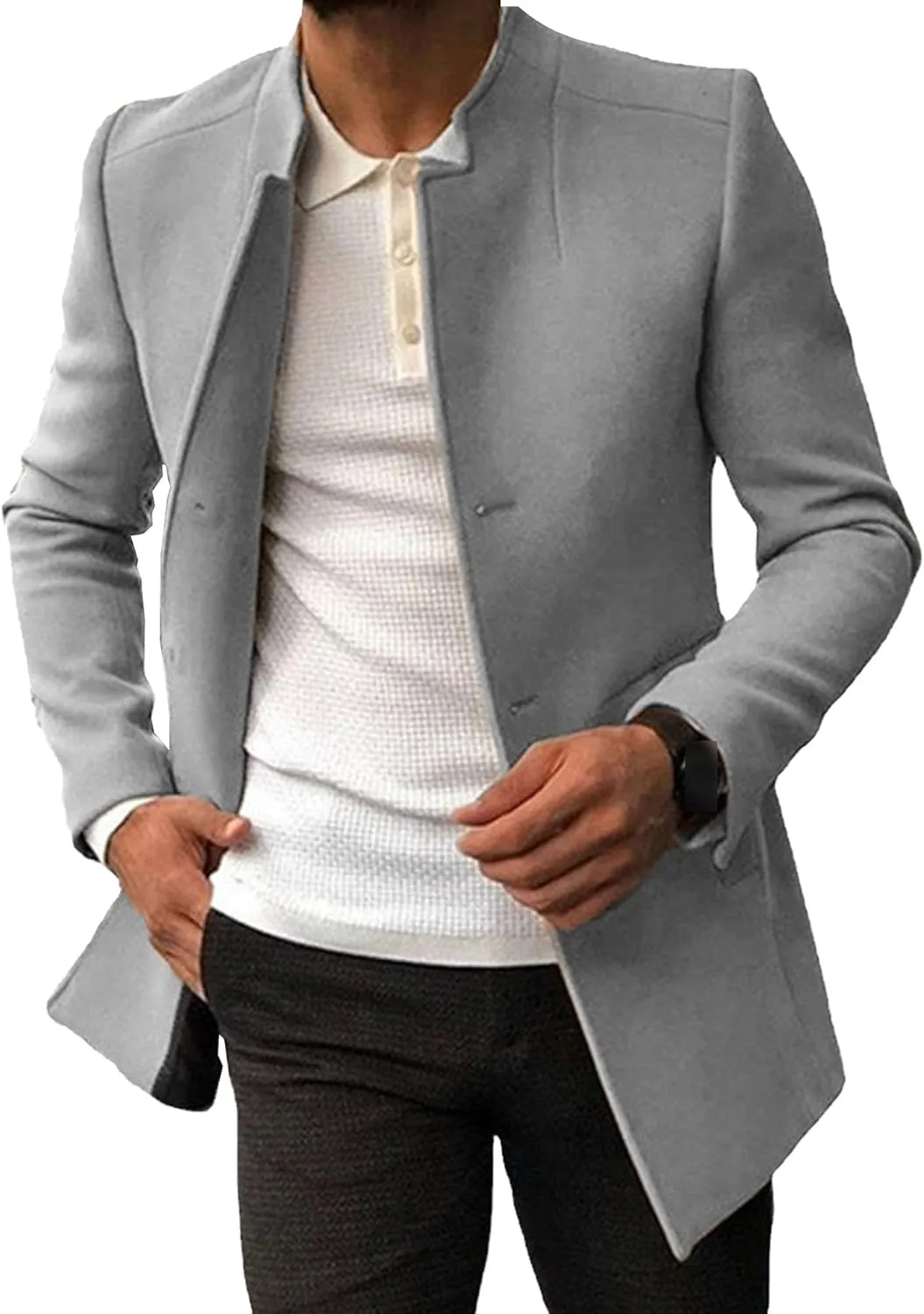 Maiyifu-GJ Men's Stand Collar Wool Blend Pea Coat Single Breasted Mid-Long Trench Coat Casual Warm Slim Fit Wool Coat