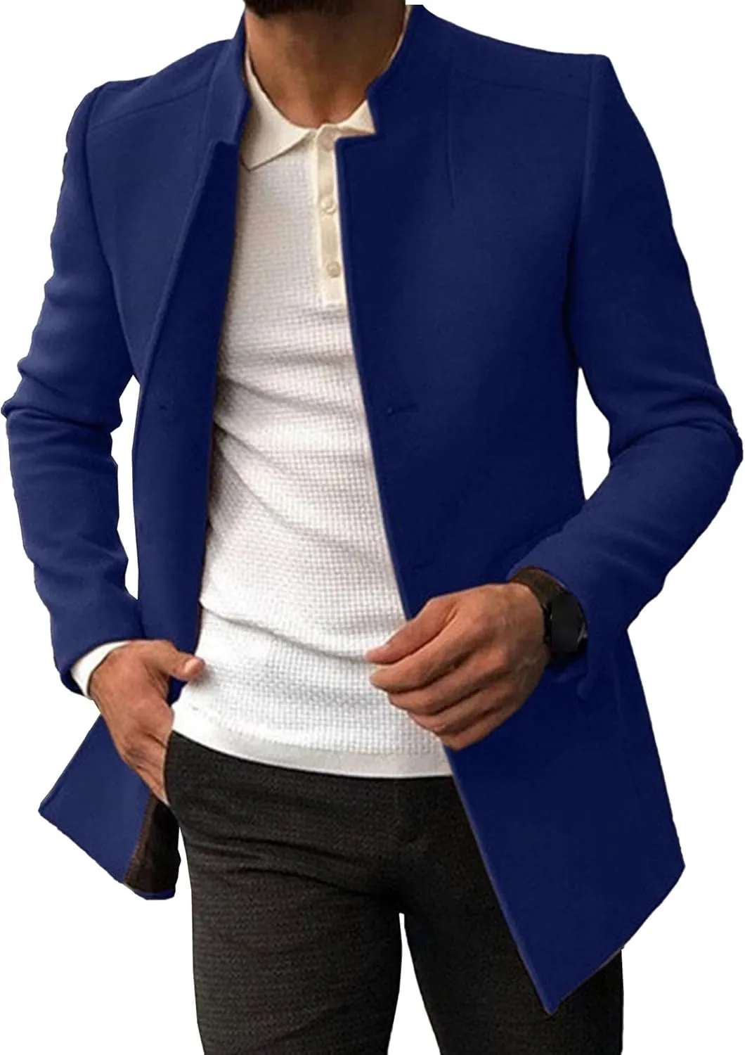 Maiyifu-GJ Men's Stand Collar Wool Blend Pea Coat Single Breasted Mid-Long Trench Coat Casual Warm Slim Fit Wool Coat