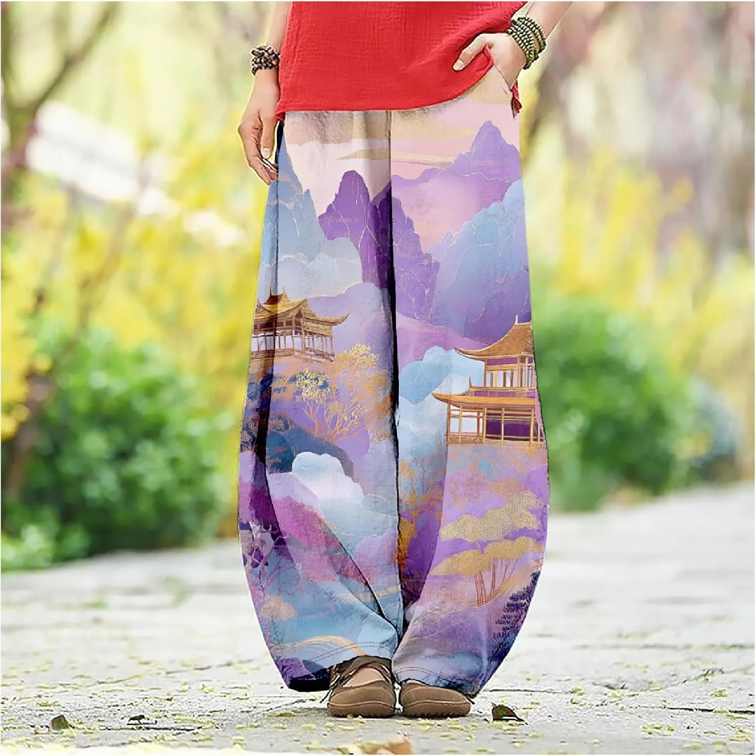MARSVOVO Baggy Sweatpants for Women Harem Wide Leg Pants Woman Landscape Oil Painting Print Casual Pants with Pockets