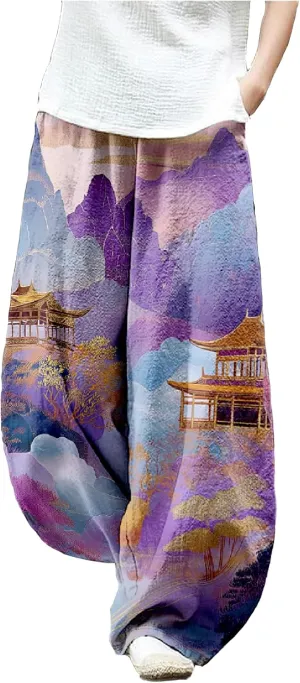 MARSVOVO Baggy Sweatpants for Women Harem Wide Leg Pants Woman Landscape Oil Painting Print Casual Pants with Pockets